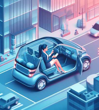 business woman working from autonomous driving ev car traveling fast in city traffic generative ai artの素材