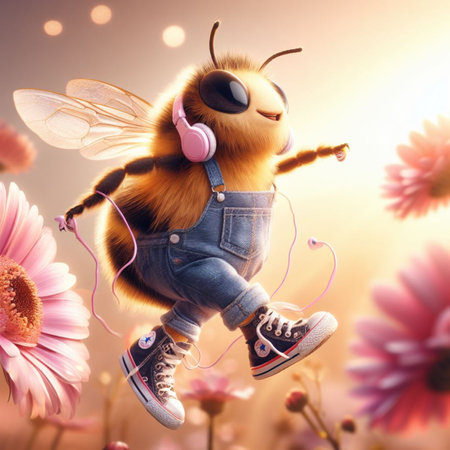 bee pollinize flower at sunrise macro close up shot generative ai artの素材