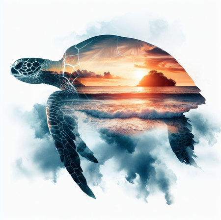 sea turtle double exposure of tropical island landscape at sunset over white background ai generatedの素材