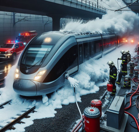electric passenger train on fire burn lots of smoke firefighter crew spray foam for combustion suppression ai generatedの素材