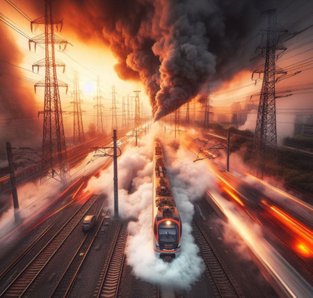 electric passenger train on fire burn lots of smoke firefighter crew spray foam for combustion suppression ai generatedの素材