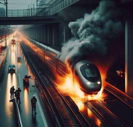 electric passenger train on fire burn lots of smoke firefighter crew spray foam for combustion suppression ai generatedの素材