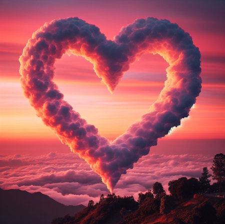 the symbol of love, a heart made of clouds float in the sky ai generatedの素材