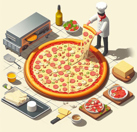 lay flat melted mozzarella cheese tomato and basil pizza ready to eat illustration ai generatedの素材