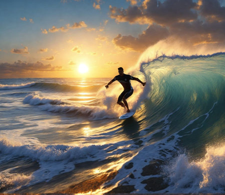 one male surfer catch waves in the sea at sunset in idyllic place beach ai generated