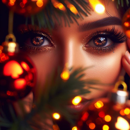 ultra close up shot of eyes of a person reflect christmas warm atmosphere ornaments and lights ai generative artの素材