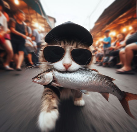 funny cat confident wear cap and sunglass escape walk quiet from market with stolen raw sad fish ai art generatedの素材
