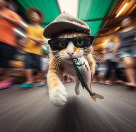funny cat confident wear cap and sunglass escape walk quiet from market with stolen raw sad fish ai art generatedの素材