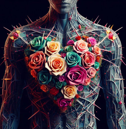 heart themed illustration shaped with flowers branches thorns ai generatedの素材