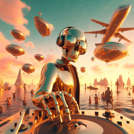 metallic alien dj with human skull, wearing glasses earphone dj of beach party in tropical island generative ai artの素材