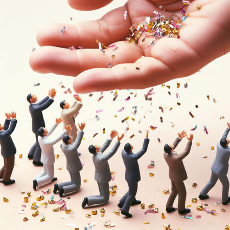 greedy elegant man beg grab fight desperate for gold confetti from a big boss hand, greed concept abstract illustration ai generative artの素材