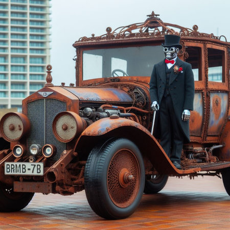 punk luxury carriage driven by robot butler pulled by fake horse from dystopian future sceneai generatedの素材