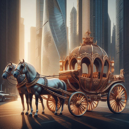 punk luxury carriage driven by robot butler pulled by fake horse from dystopian future sceneai generatedの素材