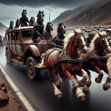 punk luxury carriage driven by robot butler pulled by fake horse from dystopian future sceneai generatedの素材
