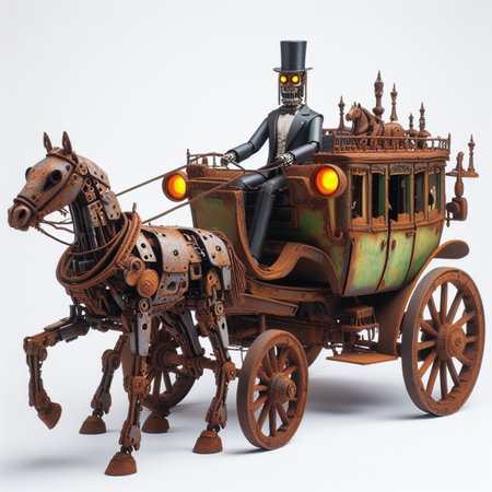 punk luxury carriage driven by robot butler pulled by fake horse from dystopian future sceneai generatedの素材