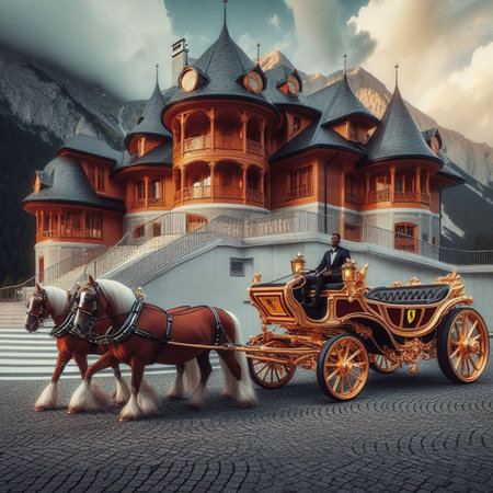 punk luxury carriage driven by robot butler pulled by fake horse from dystopian future sceneai generatedの素材