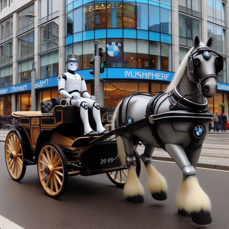 punk luxury carriage driven by robot butler pulled by fake horse from dystopian future sceneai generatedの素材