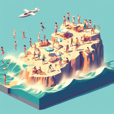 people having fun in the beach, isometric view, sea waves, 3d illustration generative ai artの素材