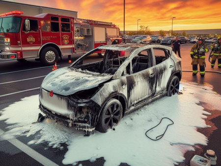 burned melted ev electric car, battery failure in parking lot, firefighter use foam to extinguish...