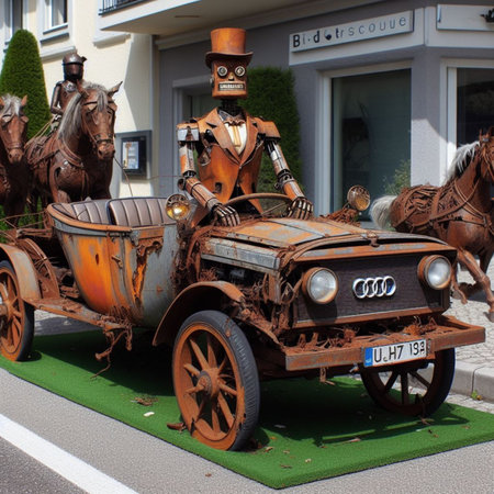 punk luxury carriage driven by robot butler pulled by fake horse from dystopian future sceneai generatedの素材