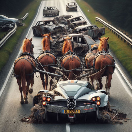 Luxury converted carriage from Italian supercar as travel wagon limousine, pulled by strong white horses, speeding in deserted road, dystopian future, ai generatedの素材