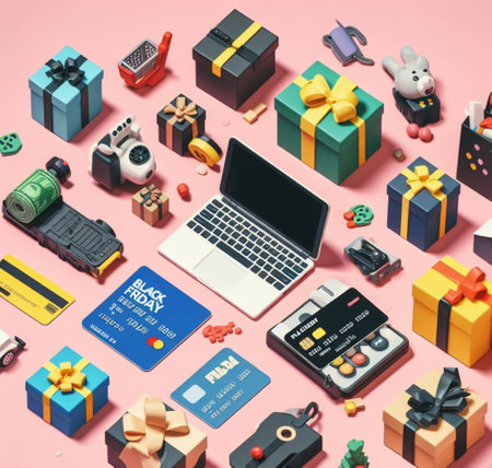 Isometric illustration of luxury items, gadgets and gifts associated with Black Friday deals, generatedの素材