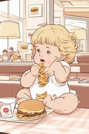 obese boy girl eating fast food, hamburger, french fries - unhealthy eating concept illustration generative ai artの素材