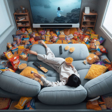 man hypnotized by tv, relaxed watching movies using electronic media equipment illustration ai generatedの素材