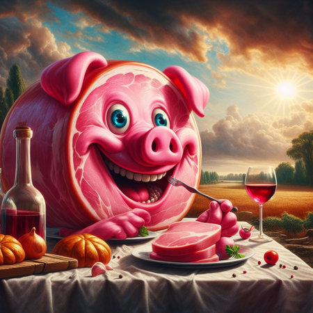Surreal baroque-style painting of a humorous pig dressed in retro medieval human clothing enjoying red wine and a ham sandwich at sunrise over a pastoral background with dramatic sky, ai generatedの素材