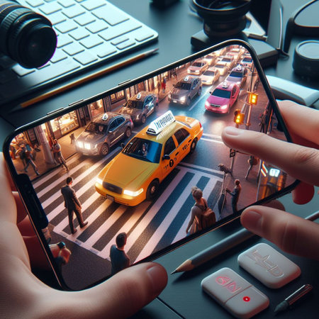 A small-scale everyday city scene with a business man stop taxi on a smartphone screen, taxicab booking smartphone online application, the mobile phone is on a desk, New York City, ai generatedの素材