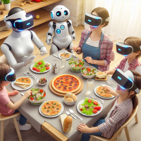Modern futuristic quirky family dining experience served by domestic female robot butler, some wear virtual reality headsets, at home, ai generatedの写真素材