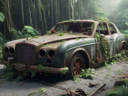 Abandoned rusty expensive atmospheric deluxe sedan car limo as circulation banned for co2 emission 2030 agenda , severe damage, broken parts, plants overgrowth bloom flowers. ai generatedの素材