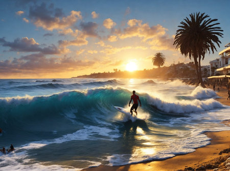 surfer catches waves in the sea at sunset at a beach