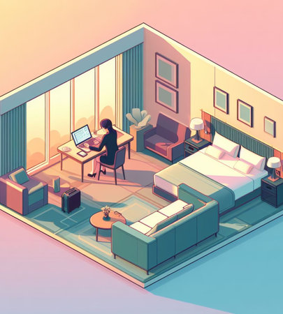 young boss manager trader woman remote work laptop luxury bedroom suite early morning panorama ai generative artの素材