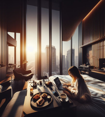young boss manager trader woman remote work laptop luxury bedroom suite early morning panorama ai generative artの素材