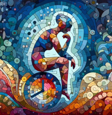 abstract illustration of passing time, patience, a human head, timeline relativity, clock mechanism ai generatedの素材