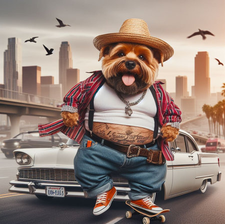 cool hispanic gangster labradoodle terrier dog ride drive lowrider retro car anthropomorphic funny character ai generatedの素材