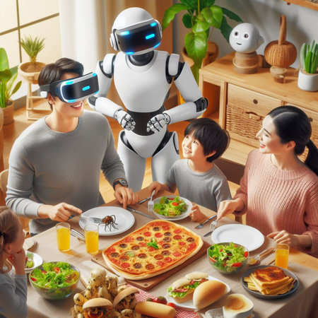 Modern futuristic quirky family dining experience served by domestic female robot butler, some wear virtual reality headsets, at home, ai generatedの素材