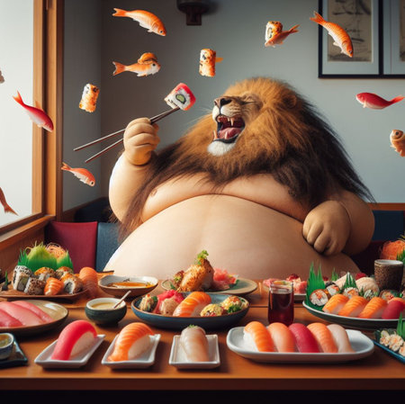 anthropomorphic funny overweight lion eating sushi rolls and sashimi at asian restaurant ai generatedの素材