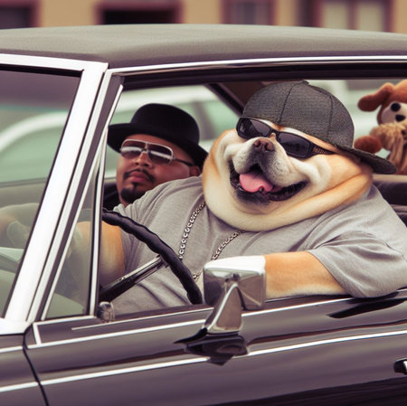 cool hispanic gangster overweight dog ride drive lowrider retro car anthropomorphic funny character ai generatedの素材