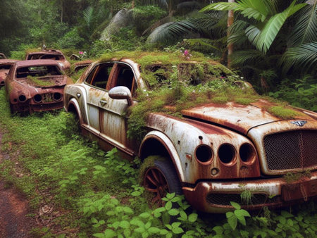 Abandoned rusty expensive atmospheric deluxe sedan car limo as circulation banned for co2 emission 2030 agenda , severe damage, broken parts, plants overgrowth bloom flowers. ai generatedの素材