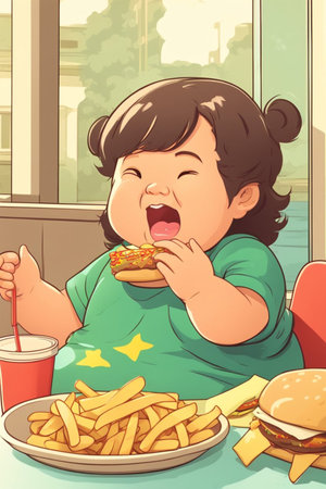 obese boy girl eating fast food, hamburger, french fries - unhealthy eating concept illustration generative ai artの素材