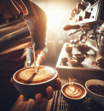 make latte art golden cappuccino at bar expert barista splashing cream fantasy illustration render art generatedの素材