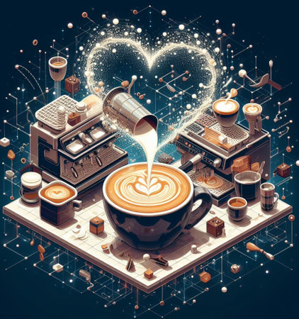 make latte art golden cappuccino at bar expert barista splashing cream fantasy illustration render art generatedの素材