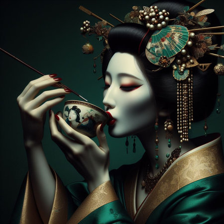 Japanese Geisha in silky antique kimono, wear ornaments, traditional make up and hairstyle, sip tea in ceremony, from small decorated porcelain cup, surrounded by flora, dark paint style, ai generatedの素材