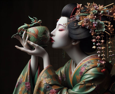 Japanese Geisha in silky antique kimono, wear ornaments, traditional make up and hairstyle, sip tea in ceremony, from small decorated porcelain cup, surrounded by flora, dark paint style, ai generatedの素材