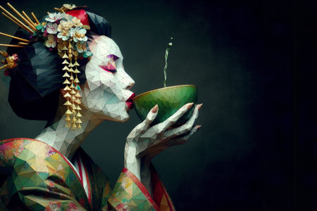 Japanese Geisha in silky antique kimono, wear ornaments, traditional make up and hairstyle, sip tea in ceremony, from small decorated porcelain cup, surrounded by flora, dark paint style, ai generatedの素材