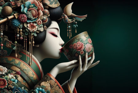 Japanese Geisha in silky antique kimono, wear ornaments, traditional make up and hairstyle, sip tea in ceremony, from small decorated porcelain cup, surrounded by flora, dark paint style, ai generatedの素材