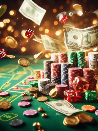 casino scene on a gaming table, freeze action fly dice, cards and chips, dark, bokeh, human hand generative ai artの素材