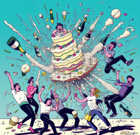 group elegant people celebrate toxic gala birthday at club throw cake splash wine wild party dance shout laugh art generated aiの素材